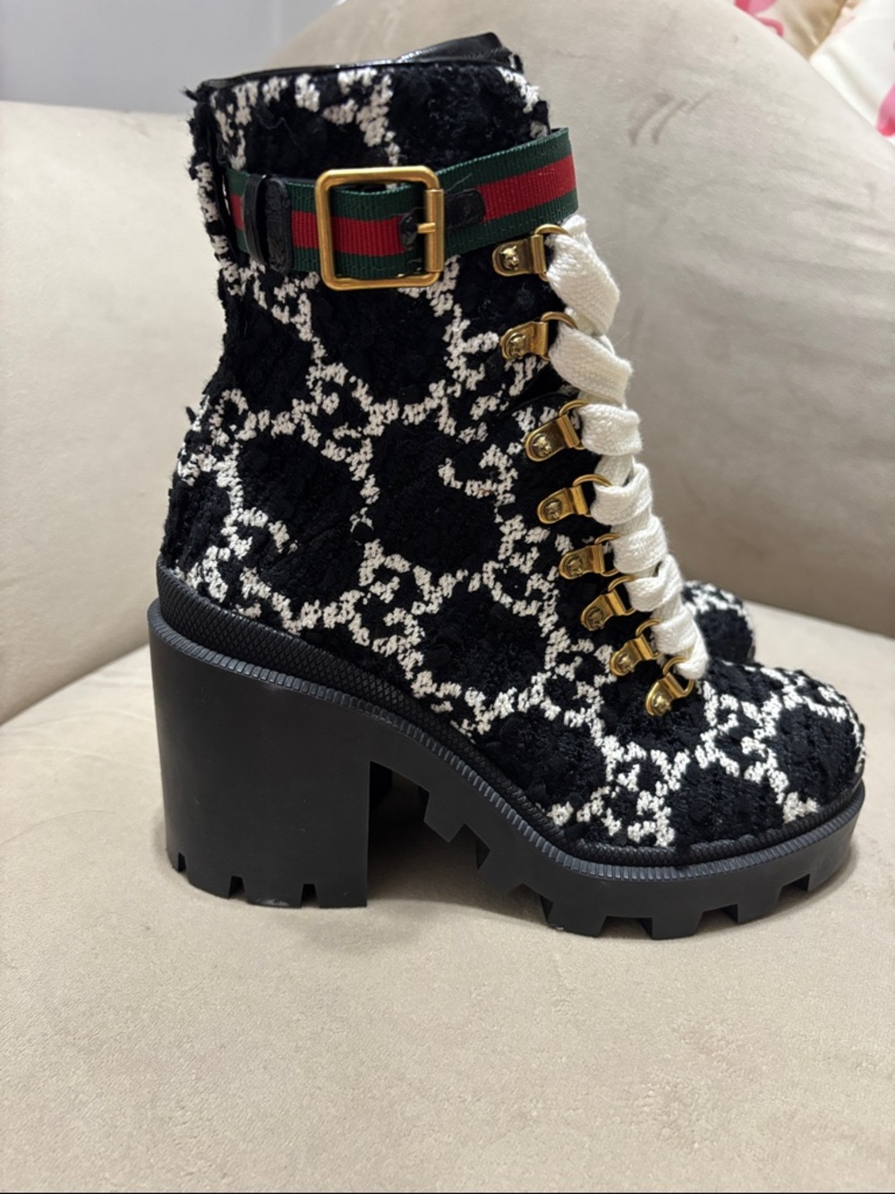 Gucci Black & White Tweed Lace-Up High-Top Boots with Signature Web